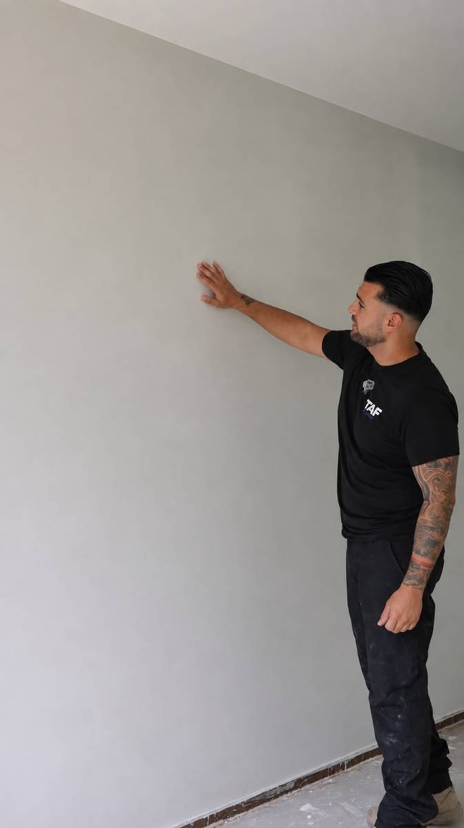 Vakman van TAF Afbouw controleert een gladde wand op vlakheid